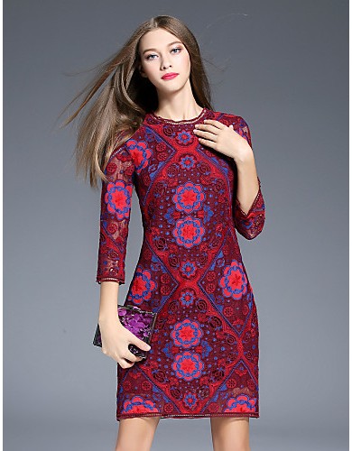 Boutique S Women's Going out Vintage Sheath Dress,Floral Round Neck Above Knee ? Sleeve Red Polyester