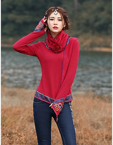 Our Story Going out Vintage Regular PulloverPaisley Red / Purple Round Neck Long Sleeve Cotton Spring