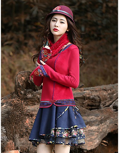 Our Story Going out Vintage Regular PulloverPaisley Red / Purple Round Neck Long Sleeve Cotton Spring