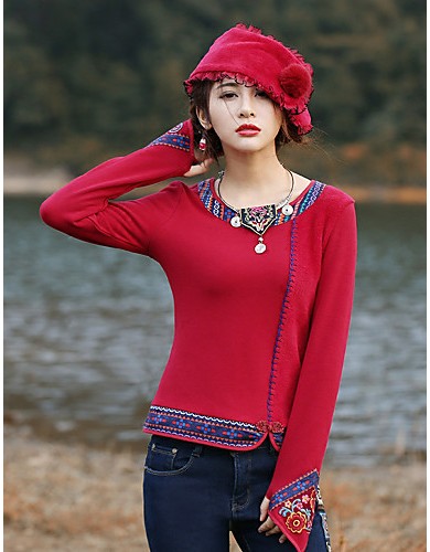 Our Story Going out Vintage Regular PulloverPaisley Red / Purple Round Neck Long Sleeve Cotton Spring